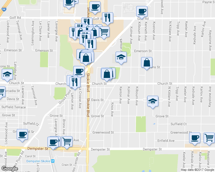 map of restaurants, bars, coffee shops, grocery stores, and more near 4651 Church Street in Skokie