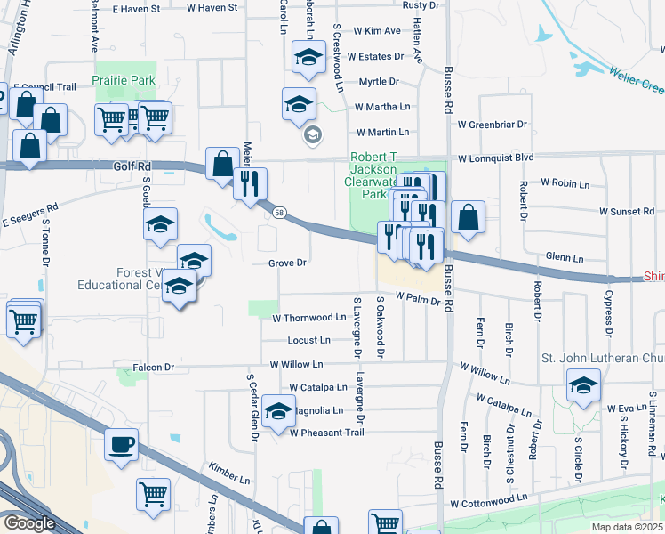 map of restaurants, bars, coffee shops, grocery stores, and more near 1821 West Golf Road in Mount Prospect