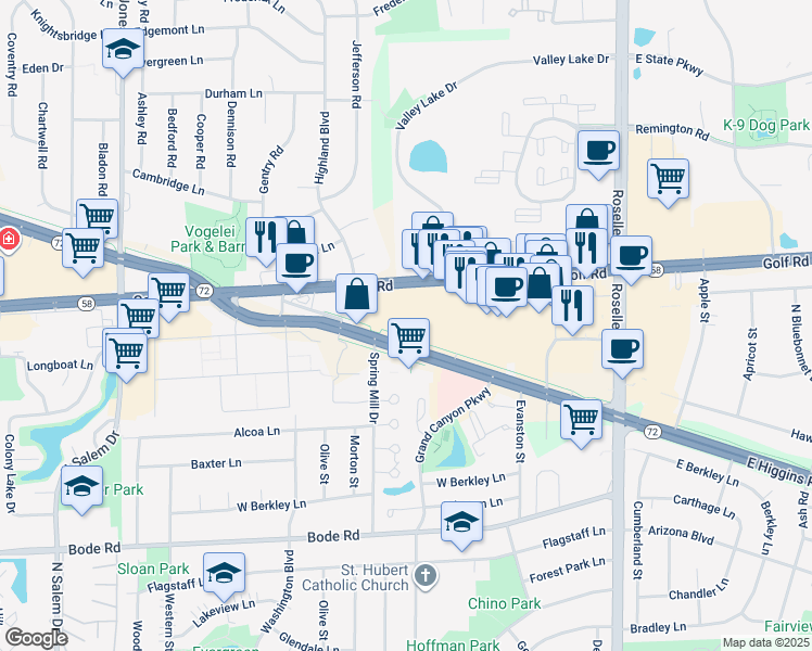 map of restaurants, bars, coffee shops, grocery stores, and more near 301 W Golf Rd in Schaumburg
