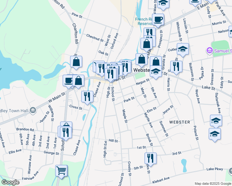 map of restaurants, bars, coffee shops, grocery stores, and more near in Webster