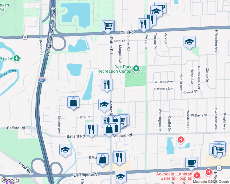 map of restaurants, bars, coffee shops, grocery stores, and more near 9209 Potter Road in Des Plaines