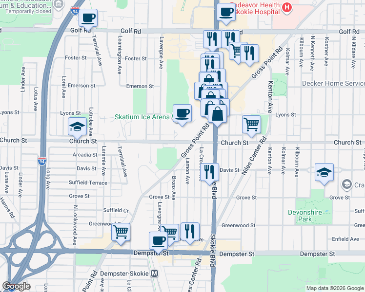 map of restaurants, bars, coffee shops, grocery stores, and more near 4909 Church Street in Skokie