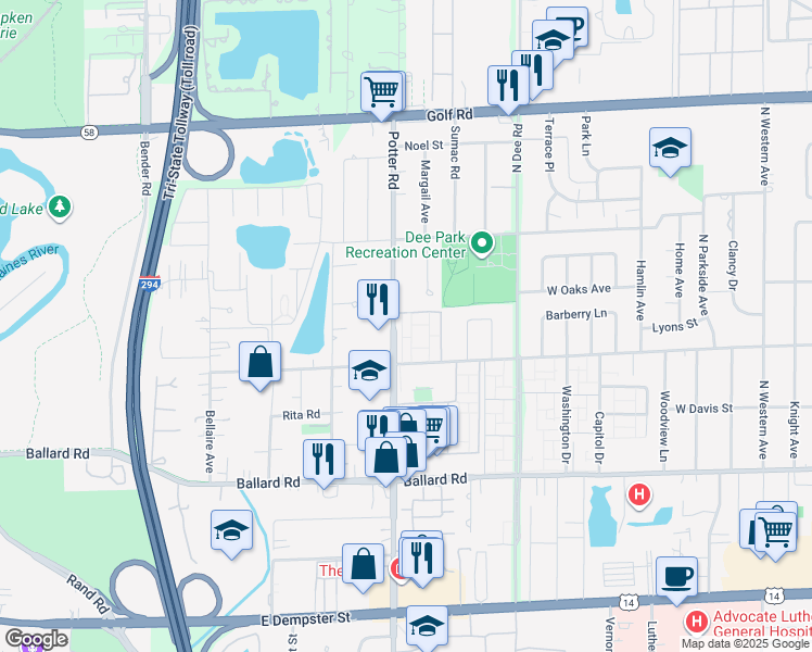 map of restaurants, bars, coffee shops, grocery stores, and more near 9209 Potter Road in Des Plaines