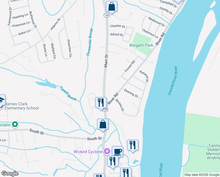 map of restaurants, bars, coffee shops, grocery stores, and more near 1347 Main Street in Agawam