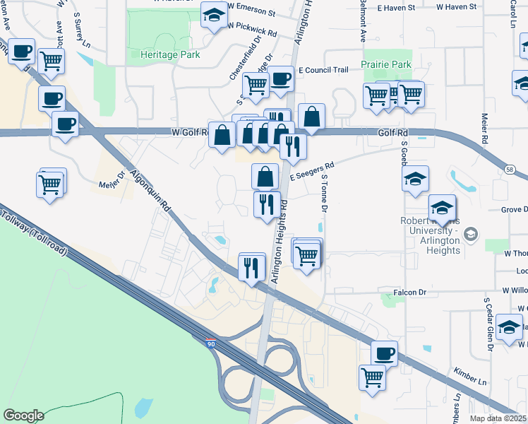 map of restaurants, bars, coffee shops, grocery stores, and more near 2020 South Arlington Heights Road in Arlington Heights