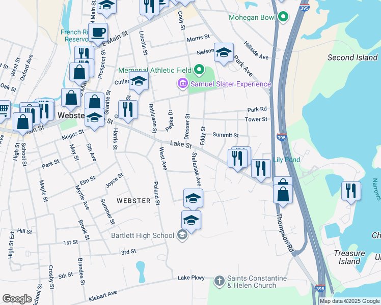 map of restaurants, bars, coffee shops, grocery stores, and more near 105 Lake Street in Webster
