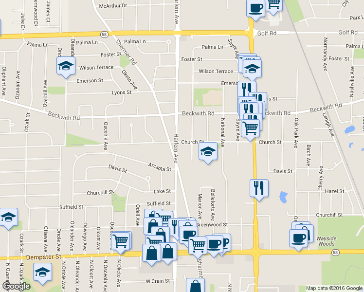 map of restaurants, bars, coffee shops, grocery stores, and more near 7149 Church Street in Morton Grove