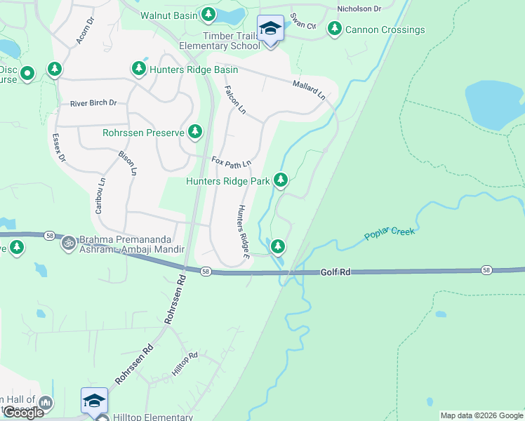 map of restaurants, bars, coffee shops, grocery stores, and more near 1305 Hunters Ridge East in Hoffman Estates