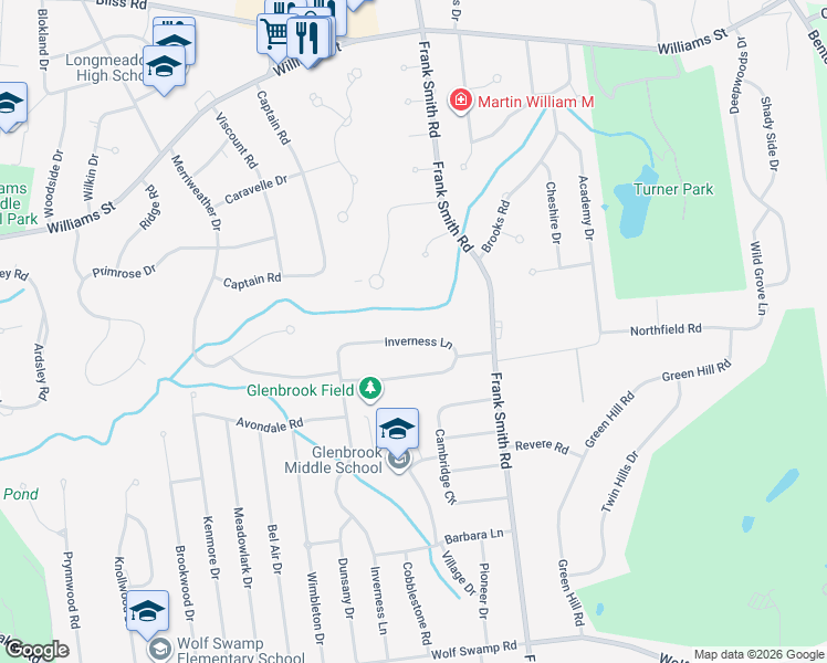 map of restaurants, bars, coffee shops, grocery stores, and more near 424 Inverness Lane in Longmeadow