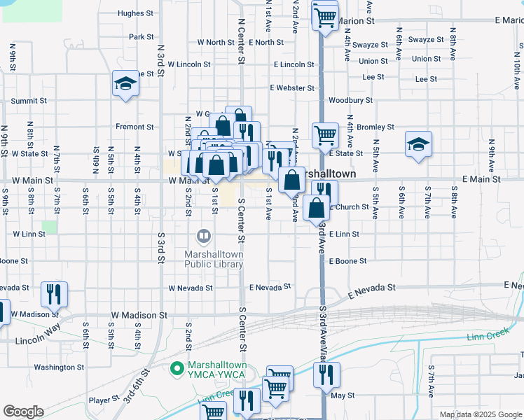 map of restaurants, bars, coffee shops, grocery stores, and more near 11 East Church Street in Marshalltown