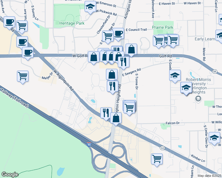 map of restaurants, bars, coffee shops, grocery stores, and more near 2020 South Arlington Heights Road in Arlington Heights