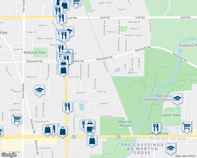 map of restaurants, bars, coffee shops, grocery stores, and more near 6711 Church Street in Morton Grove