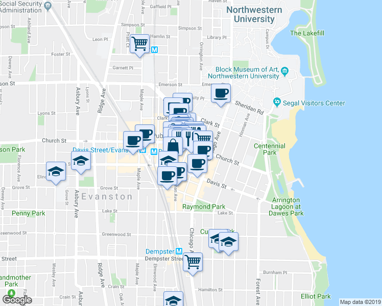 map of restaurants, bars, coffee shops, grocery stores, and more near 1638 Orrington Avenue in Evanston