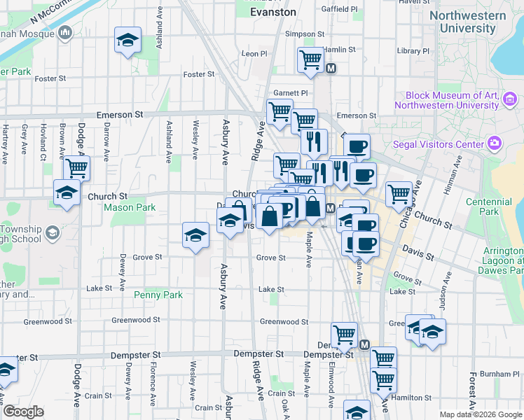 map of restaurants, bars, coffee shops, grocery stores, and more near 1621 Ridge Avenue in Evanston