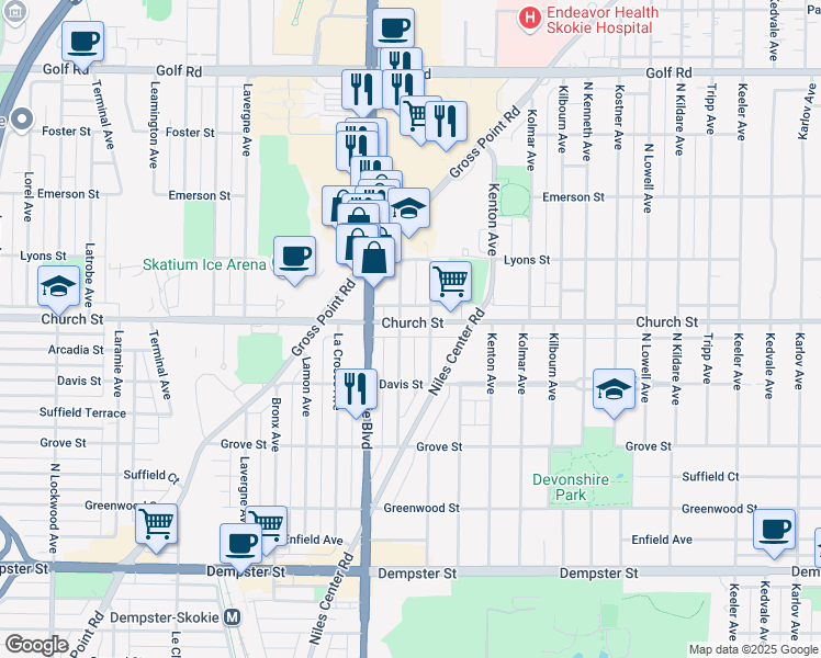 map of restaurants, bars, coffee shops, grocery stores, and more near in Skokie