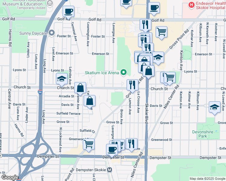 map of restaurants, bars, coffee shops, grocery stores, and more near 4959 Church Street in Skokie