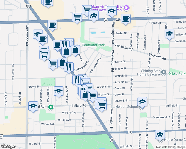 map of restaurants, bars, coffee shops, grocery stores, and more near 9215 North Woodland Drive in Niles