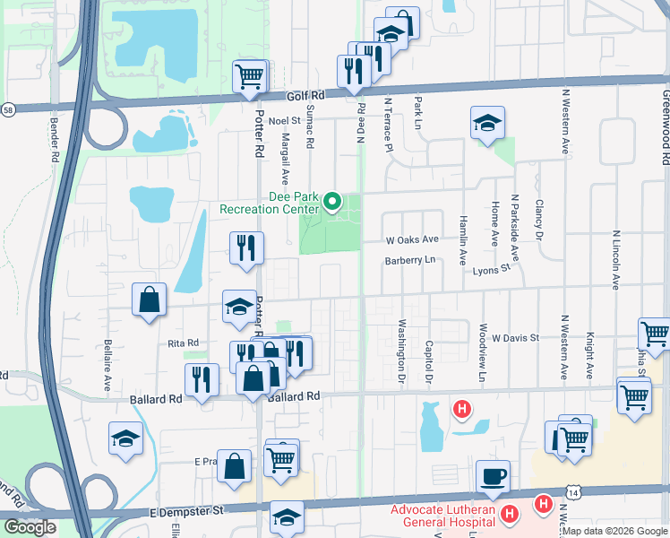 map of restaurants, bars, coffee shops, grocery stores, and more near 9254 Barberry Lane in Des Plaines