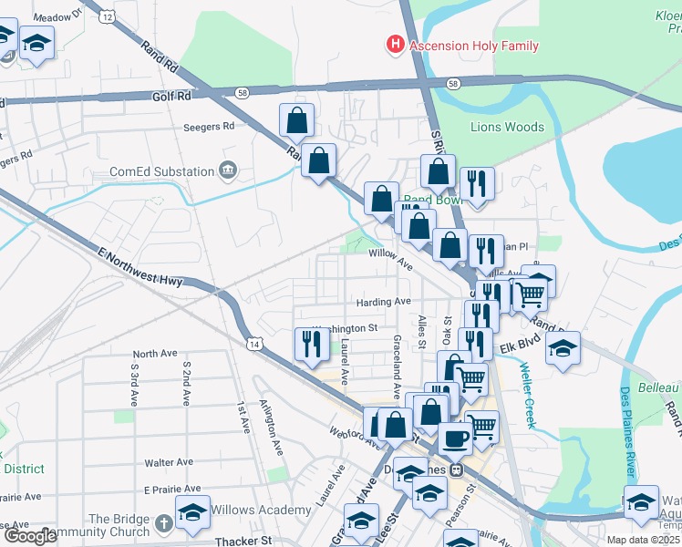 map of restaurants, bars, coffee shops, grocery stores, and more near 1248 Evergreen Avenue in Des Plaines