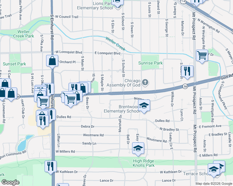 map of restaurants, bars, coffee shops, grocery stores, and more near 922 South School Street in Mount Prospect