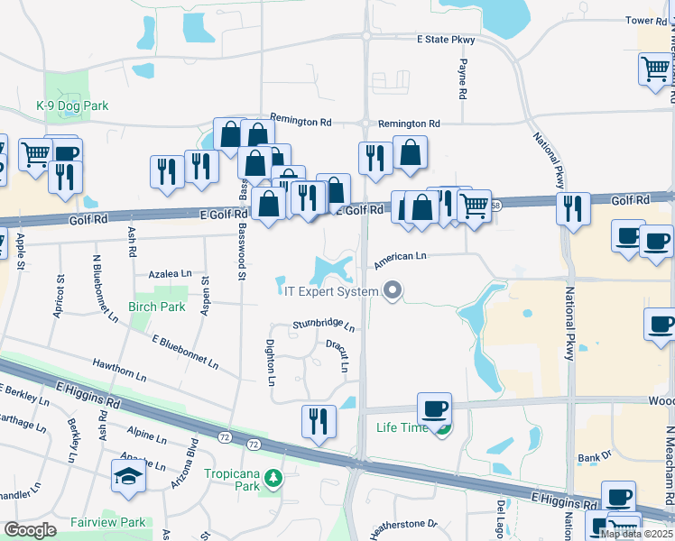 map of restaurants, bars, coffee shops, grocery stores, and more near 1106 North Plum Grove Road in Schaumburg