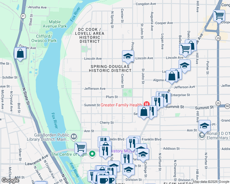 map of restaurants, bars, coffee shops, grocery stores, and more near 573 North Spring Street in Elgin