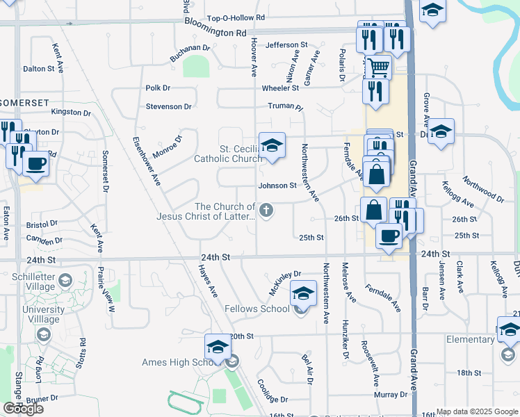 map of restaurants, bars, coffee shops, grocery stores, and more near 1420 28th St in Ames