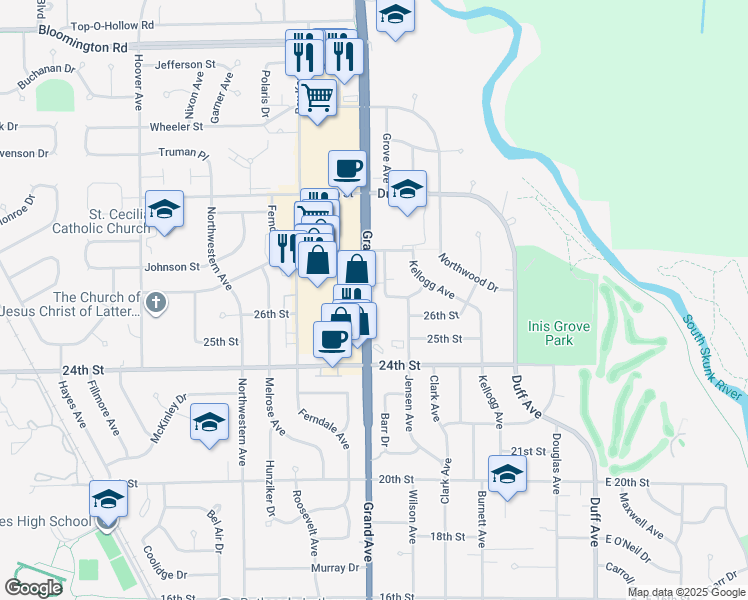 map of restaurants, bars, coffee shops, grocery stores, and more near 2611 Luther Drive in Ames