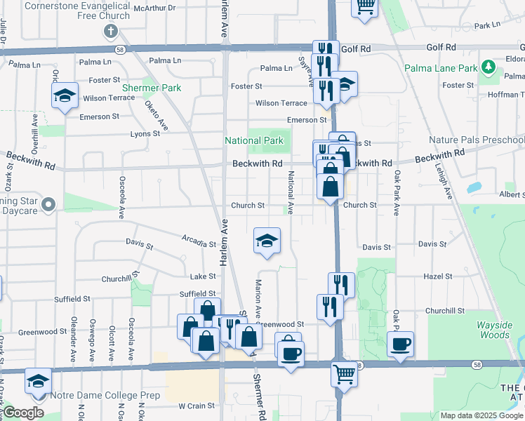 map of restaurants, bars, coffee shops, grocery stores, and more near 7105 Church Street in Morton Grove