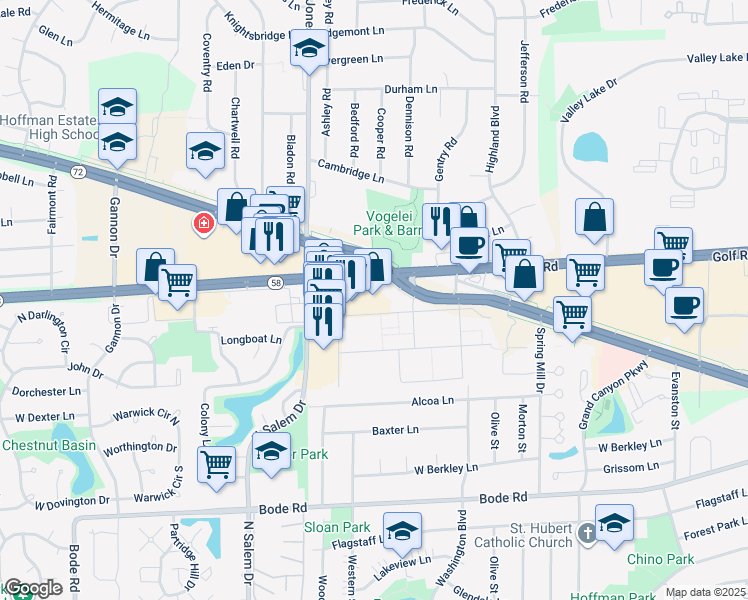 map of restaurants, bars, coffee shops, grocery stores, and more near 675 West Golf Road in Hoffman Estates