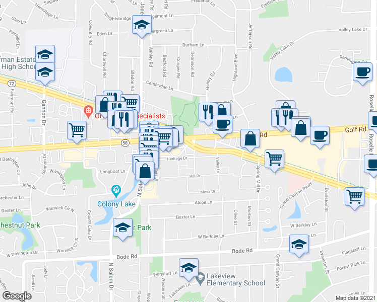 map of restaurants, bars, coffee shops, grocery stores, and more near 535 West Higgins Road in Hoffman Estates