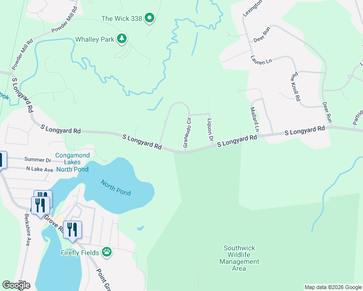 map of restaurants, bars, coffee shops, grocery stores, and more near 98 South Longyard Road in Southwick