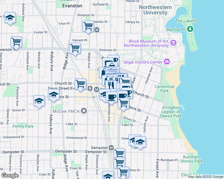 map of restaurants, bars, coffee shops, grocery stores, and more near 1638 Orrington Avenue in Evanston