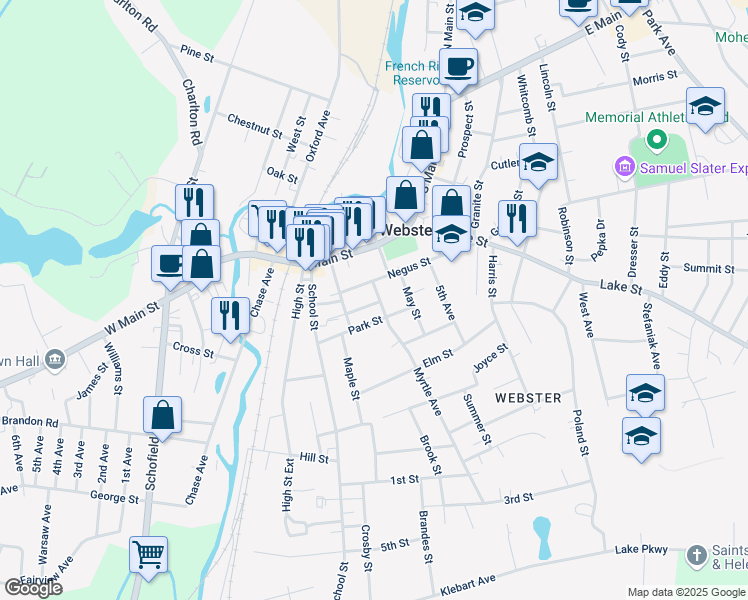 map of restaurants, bars, coffee shops, grocery stores, and more near 15 Brookline Street in Webster