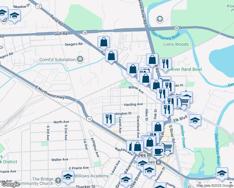 map of restaurants, bars, coffee shops, grocery stores, and more near 1248 Evergreen Avenue in Des Plaines