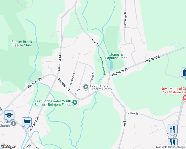 map of restaurants, bars, coffee shops, grocery stores, and more near 106 Cheryl Drive in East Bridgewater