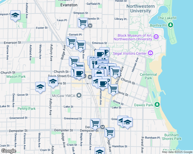 map of restaurants, bars, coffee shops, grocery stores, and more near 1620 N Sherman Avenue in Evanston