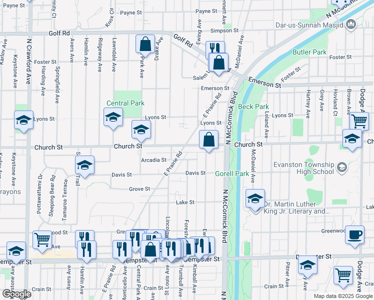 map of restaurants, bars, coffee shops, grocery stores, and more near 3431 Church St in Evanston
