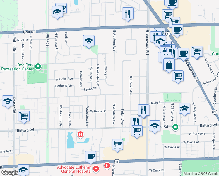 map of restaurants, bars, coffee shops, grocery stores, and more near 9242 Clancy Drive in Des Plaines