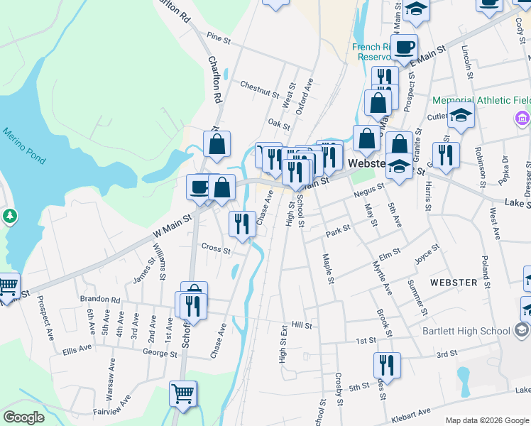 map of restaurants, bars, coffee shops, grocery stores, and more near 97 Chase Avenue in Webster
