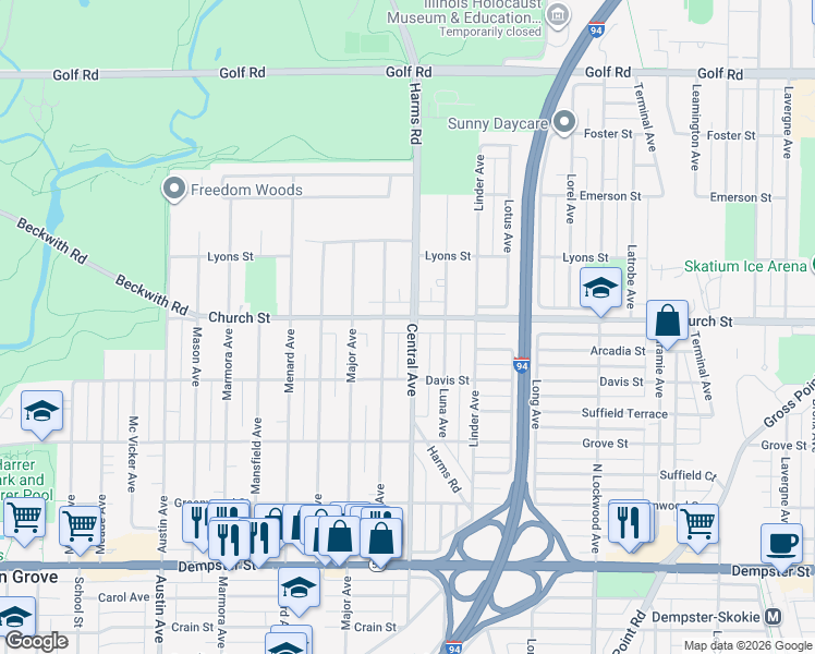 map of restaurants, bars, coffee shops, grocery stores, and more near 5601 Church Street in Morton Grove