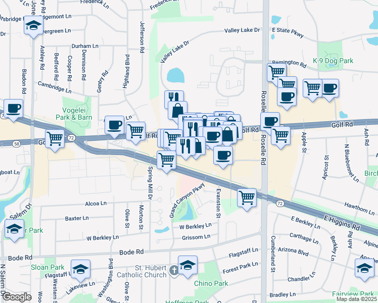 map of restaurants, bars, coffee shops, grocery stores, and more near 301 West Golf Road in Schaumburg