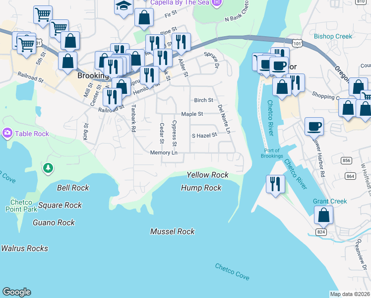 map of restaurants, bars, coffee shops, grocery stores, and more near 422 Memory Lane in Brookings