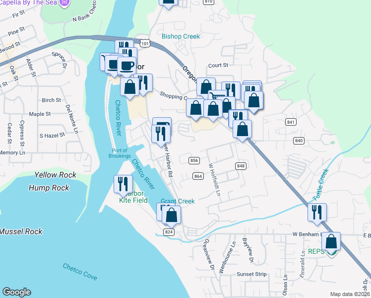 map of restaurants, bars, coffee shops, grocery stores, and more near 97814 Crestline Loop in Brookings
