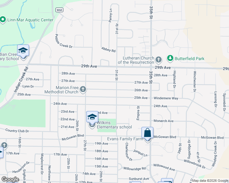 map of restaurants, bars, coffee shops, grocery stores, and more near 3095 26th Avenue in Marion