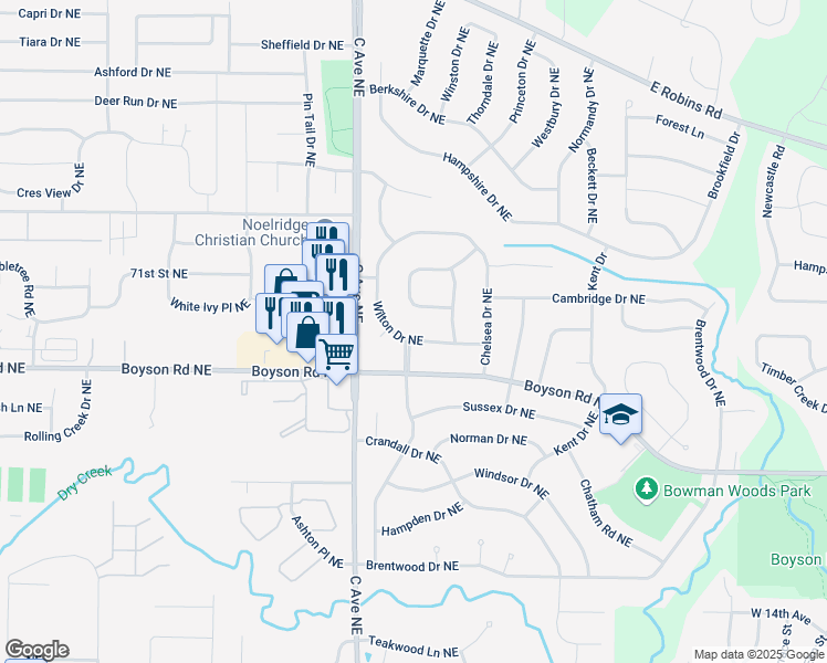 map of restaurants, bars, coffee shops, grocery stores, and more near 418 Wilton Drive Northeast in Cedar Rapids