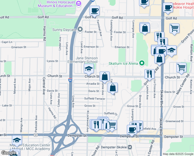 map of restaurants, bars, coffee shops, grocery stores, and more near 5223 Church Street in Skokie