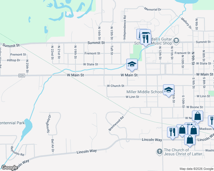 map of restaurants, bars, coffee shops, grocery stores, and more near 1575 W Church St in Marshalltown