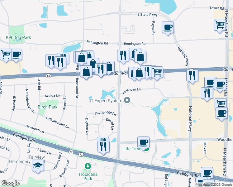 map of restaurants, bars, coffee shops, grocery stores, and more near 1042 North Plum Grove Road in Schaumburg