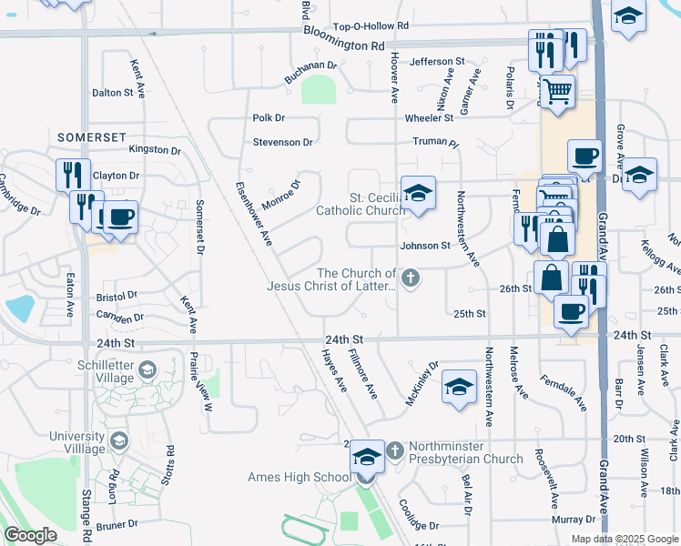 map of restaurants, bars, coffee shops, grocery stores, and more near 1614 Pierce Circle in Ames